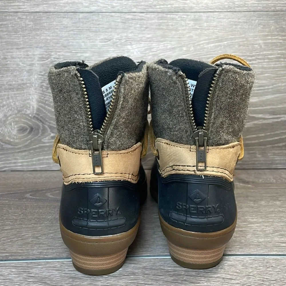 Sperry Top Sider Saltwater Tide Women’s Sz 5M Tan Black Zip Warm Wool Duck Boots